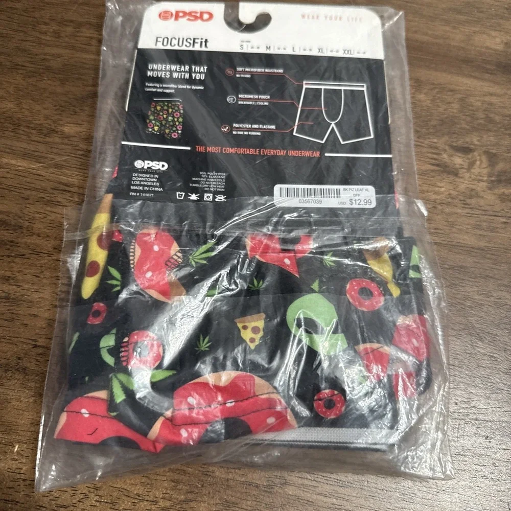New PSD Underwear Men's Black Munchies Leaf Pizza Donut Boxer Brief NWT XL 40-42